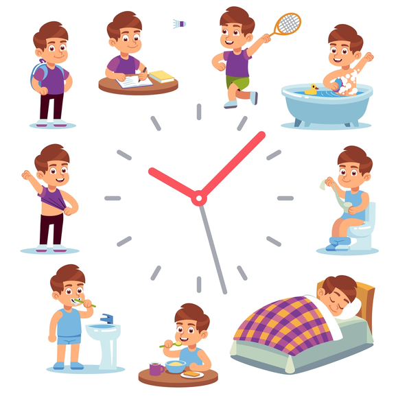 a boy routine with picture print on a clock according to hours